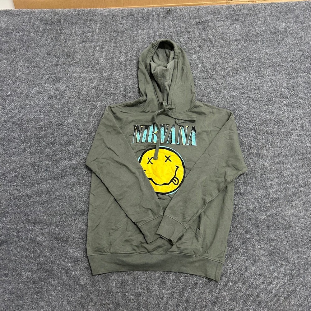 Nirvana Hoodie Womens Size M Olive Green Smiley Face Graphic Band Sweatshirt